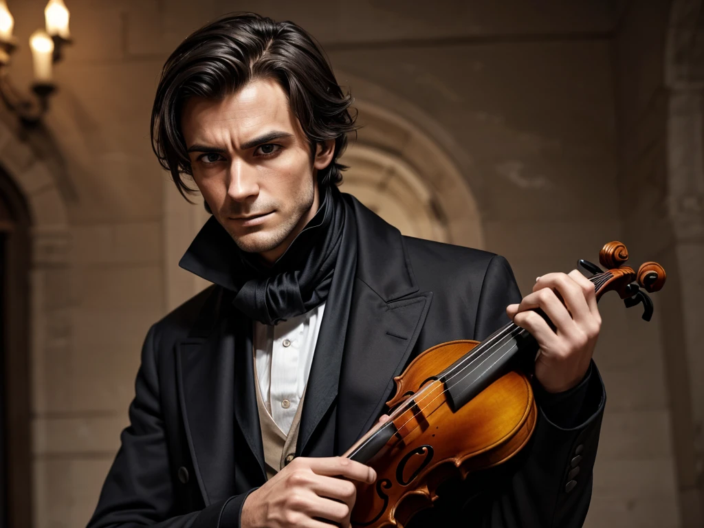 Niccolò Paganini:

    Height and Build:
        Height: Approximately 1.80 meters (5'11").
        Build: Slim and slender, with a slightly stooped posture, giving an impression of fragility and mystery.

    Face:
        Shape: Long and narrow, with prominent cheekbones.
        Skin: Pale, almost translucent, with a texture that suggests weariness or exhaustion.
        Eyes: Large and deep-set, dark brown or nearly black, with an intense, almost hypnotic gaze. They may appear slightly sunken, adding to his mysterious appearance.
        Eyebrows: Thin and arched, enhancing the intensity of his eyes.

    Hair:
        Color: Black, with a slightly wavy texture.
        Length: Long, reaching his shoulders, often tousled or unkempt, contributing to a wild and disheveled look.

    Mouth and Lips:
        Lips: Thin and pale, with a well-defined outline.
        Smile: Rare and somewhat grim, almost sinister, reinforcing the legends surrounding him.

    Nose:
        Shape: Thin and sharp, slightly aquiline, with a tip that may appear slightly downturned.

    Hands:
        Fingers: Long, thin, and agile, with well-defined joints. His hands are expressive and prominent, reflecting his mastery of the violin.

    Posture:
        Often depicted in a slightly hunched position, especially when playing the violin, emphasizing his intensity and dedication to music.

    Attire:
        Dressed elegantly but modestly, in dark clothing (black or brown) and a long coat. A high collar and a cravat or scarf around his neck complete his characteristic early 19th-century style.