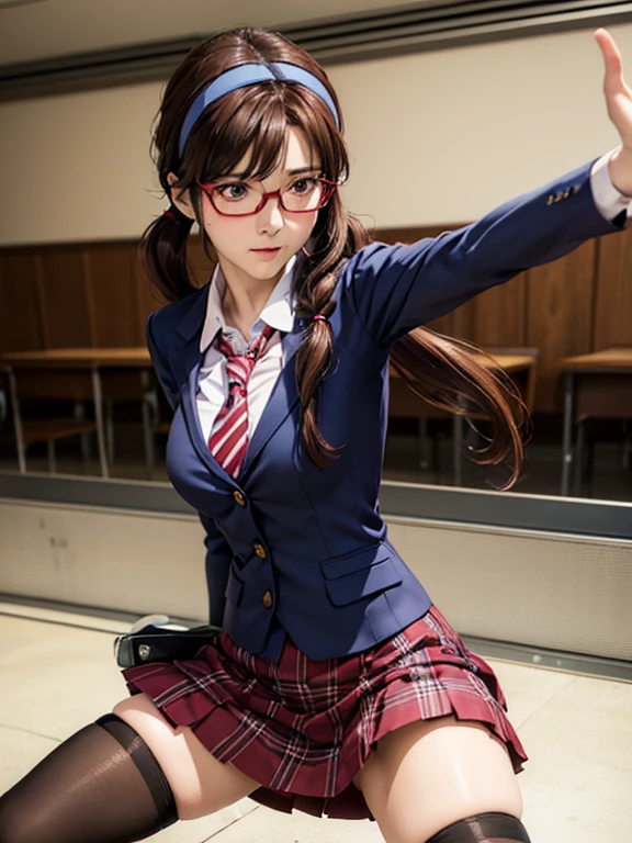 1girl and 1Teddy Bear, Mari Makinami, blue big eyes, brown hair, thick red rimmed glasses, headband, twintails, dress shirt, plaid skirt, pantyhose, school uniform, thighhighs, necktie, Slightly slim Beautiful figure, parted bangs, 
((fall on one's butt with open legs:1.2, Teddy Bear is sticking face in her skirt:1.2, Clumsy, muff diving, She shyly holds down her skirt:1.2, Embarrassed look)), Lucky Happenings, ((In the classroom)), 
((masterpiece)), (anime realistic), High resolution, Best Quality, artistic photography, Super detailed, (high quality texture:1.2), RAW photos