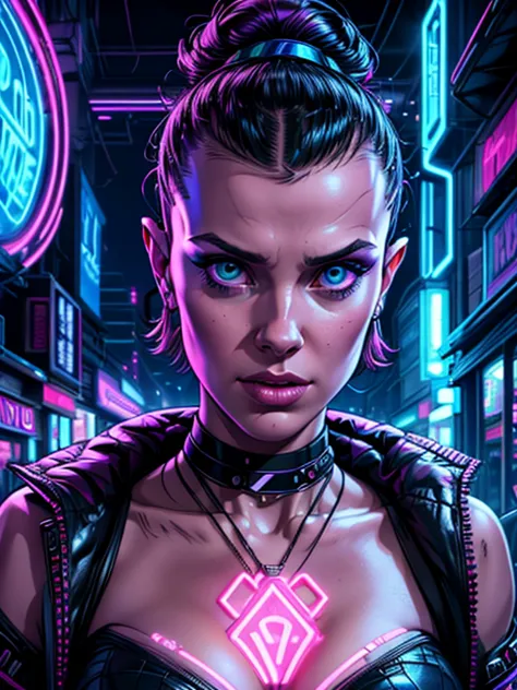 millie bobby brown, a neon goddess,intricate cyberpunk fashion,glowing neon details,dramatic lighting,complex futuristic archite...