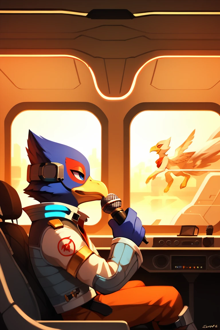 スcore_9, スcore_8_superior, スcore_7_superior, core_6_superior, Two people, alone, Falco Lombardi, Inside the spaceship, Beckoning, Straight, Disgruntled look, Holding a microphone, singing,