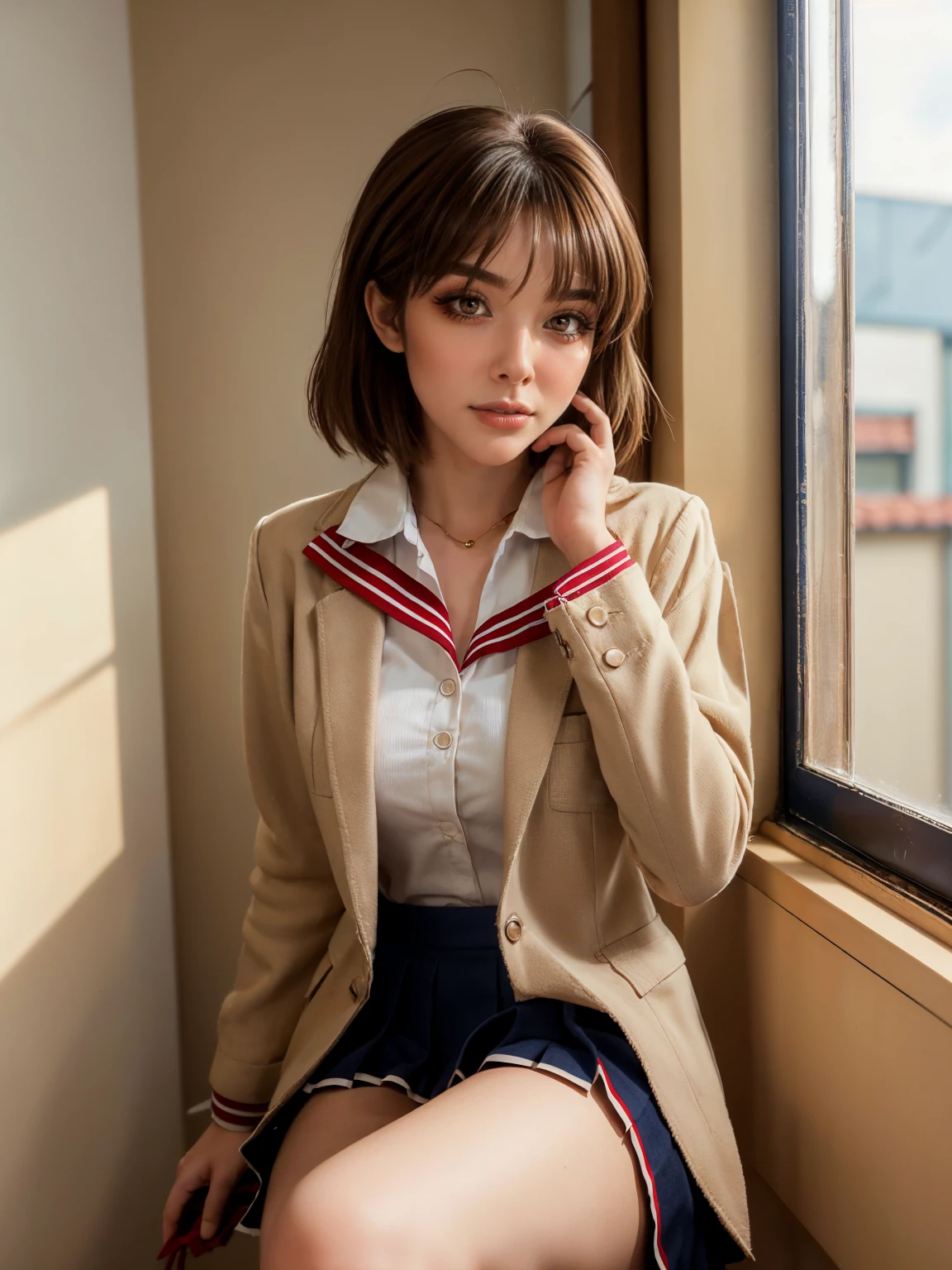 (1 lady), The beautiful, (Best quality at best:1.4), (ultra - detailed), (extremely detailed CG unified 16k), gold blonde hair, very detailed, High-definition RAW color photo, professional photoshooting, amazing face and eyes, cosmetics, (amazingly beautiful girl), ((furukawa nagisa, taller, tall woman, Bethcast)), ((beige school uniform blazer with white sailor collar with red line, navy blue skirt)), cute posture, (school, school hall room, extremely detailed background, a lot of details background, realistic background), realistic cinematic face, head to feet long wide zoomed out view, full body long view, photorealistic, ((realistic natural brown chocolate hair style, brown honey eyes)), gorgeous, extremely beautiful face, perfect model beauty, pout mouth, Highly Detailed Face and Skin Texture, Detailed Eyes, Double Eyelids, Mid sized breasts, Persistent Stare, Faith Trance, (mystical stare, looking eternity), (masterpiece), best quality, high resolution, depth of field, cinematic lighting, amazing legs, clear and well-cared skin