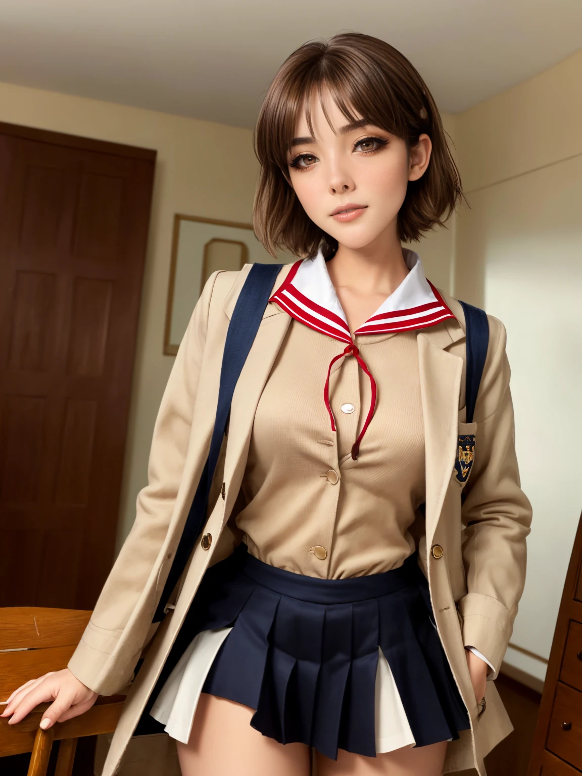 (1 lady), The beautiful, (Best quality at best:1.4), (ultra - detailed), (extremely detailed CG unified 16k), gold blonde hair, very detailed, High-definition RAW color photo, professional photoshooting, amazing face and eyes, cosmetics, (amazingly beautiful girl), ((furukawa nagisa, taller, tall woman, Bethcast)), ((beige school uniform blazer with white sailor collar with red line, navy blue skirt)), cute posture, (school, school hall room, extremely detailed background, a lot of details background, realistic background), realistic cinematic face, head to feet long wide zoomed out view, full body long view, photorealistic, ((realistic natural brown chocolate hair style, brown honey eyes)), gorgeous, extremely beautiful face, perfect model beauty, pout mouth, Highly Detailed Face and Skin Texture, Detailed Eyes, Double Eyelids, Mid sized breasts, (masterpiece), best quality, high resolution, depth of field, cinematic lighting, amazing legs, clear and well-cared skin