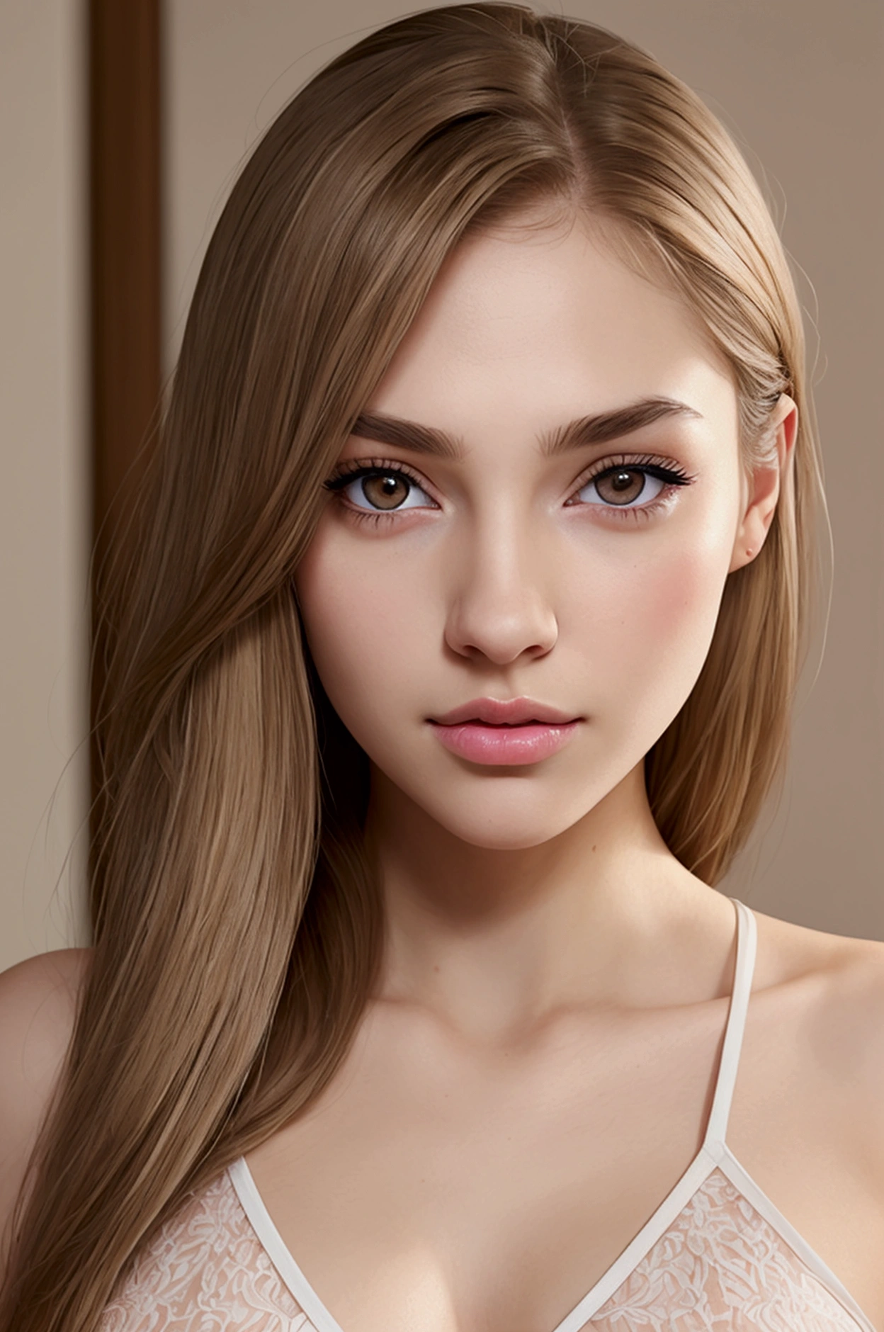 Realistic girl, young, White skin, light brown eyes, medium thin, With medium bust, gym glutes, very nice body, light brown hair with light blonde and long, with a provocative look, thick, plucked eyebrows, medium long eyelashes, thick pink lips, thin, upturned nose, marked cheekbones. portrait