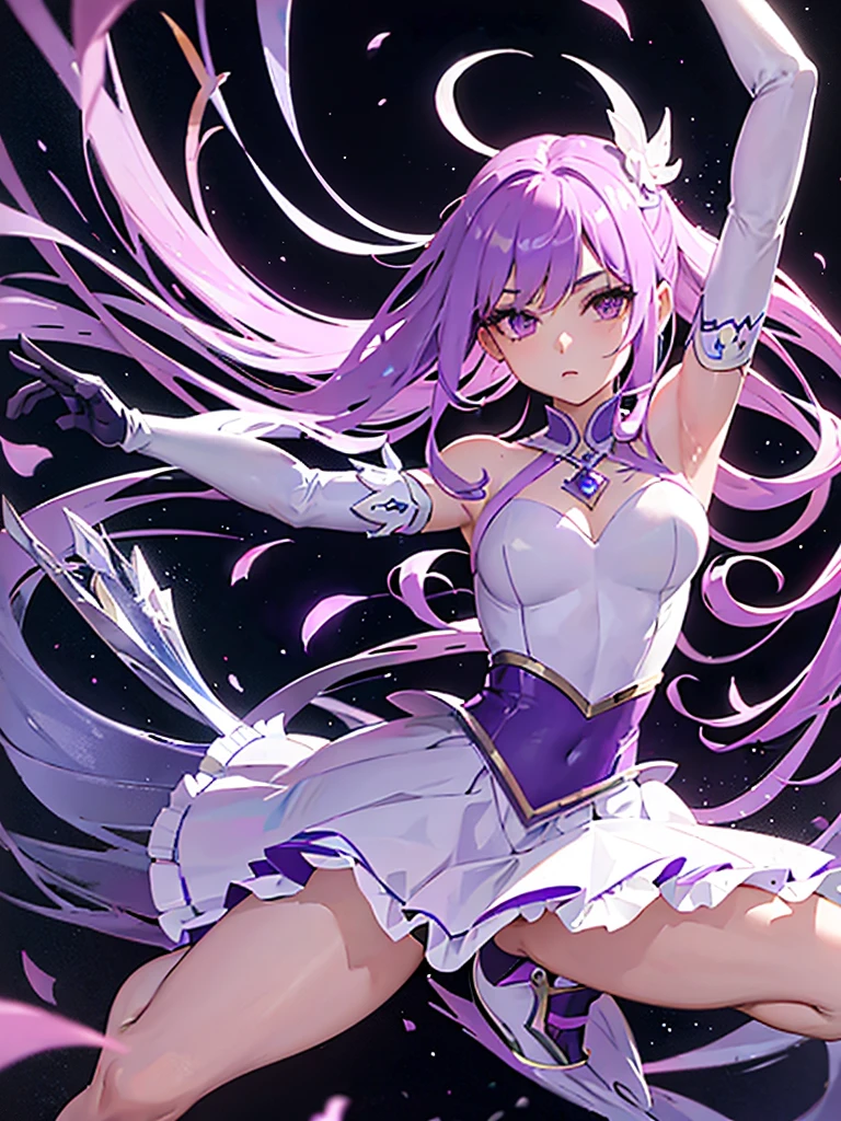 A beautiful teenage ballerina in an elaborate swan ballet dress, with a large white tutu tulle skirt with purple patterns. full figure, anime effect, sharp image, In the background is a frozen lake, long dark purple and black sharp blades at the end of her fingers, Armored purple gloves, bladed ballerina shoes