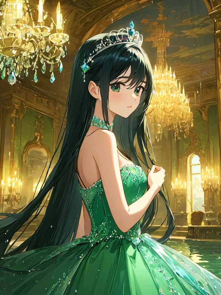 masterpiece,high quality,One Woman,Princess,西洋のPrincess,Black Hair,Long Hair,black eye,Green Dress,tiara,Western Castle,Western-style interior,chandelier,Straight face,Watery eye,Shyness,Silent