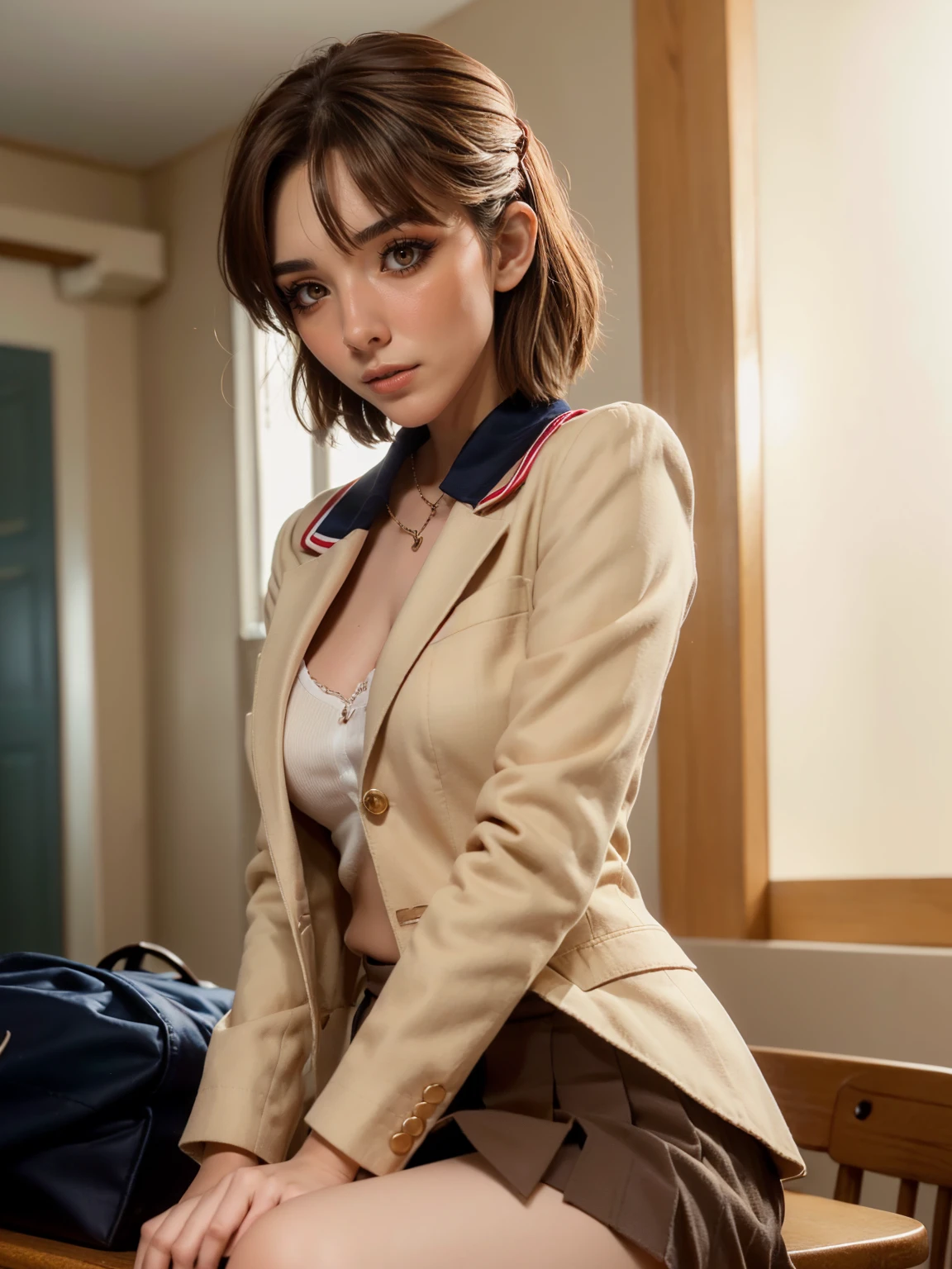 (1 lady), The beautiful, (Best quality at best:1.4), (ultra - detailed), (extremely detailed CG unified 16k), gold blonde hair, very detailed, High-definition RAW color photo, professional photoshooting, amazing face and eyes, cosmetics, (amazingly beautiful girl), ((furukawa nagisa, taller, tall woman, Bethcast)), ((beige school uniform blazer with white sailor collar with red line, navy blue skirt)), cute posture, (school, school hall room, extremely detailed background, a lot of details background, realistic background), realistic cinematic face, head to feet long wide zoomed out view, full body long view, photorealistic, ((realistic natural brown chocolate hair style, brown honey eyes)), gorgeous, extremely beautiful face, perfect model beauty, pout mouth, Highly Detailed Face and Skin Texture, Detailed Eyes, Double Eyelids, Mid sized breasts, Persistent Stare, Faith Trance, (mystical stare, looking eternity), (masterpiece), best quality, high resolution, depth of field, cinematic lighting, amazing legs, clear and well-cared skin