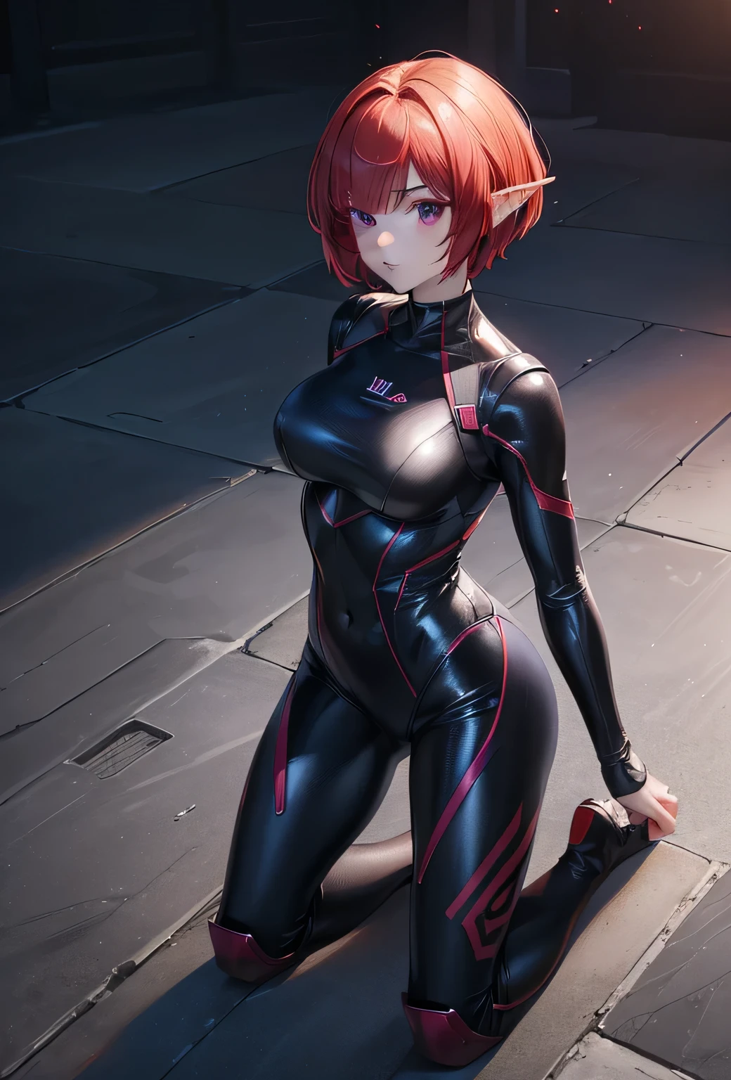 (masterpiece, Highest quality, Ultra-high resolution、Angle from above): (whole body、a 20 year old girl、Pointed elf-like, super short red bob cut hair、violet eyes、Shiny pilot suit in blue and black colors.、tight clothes