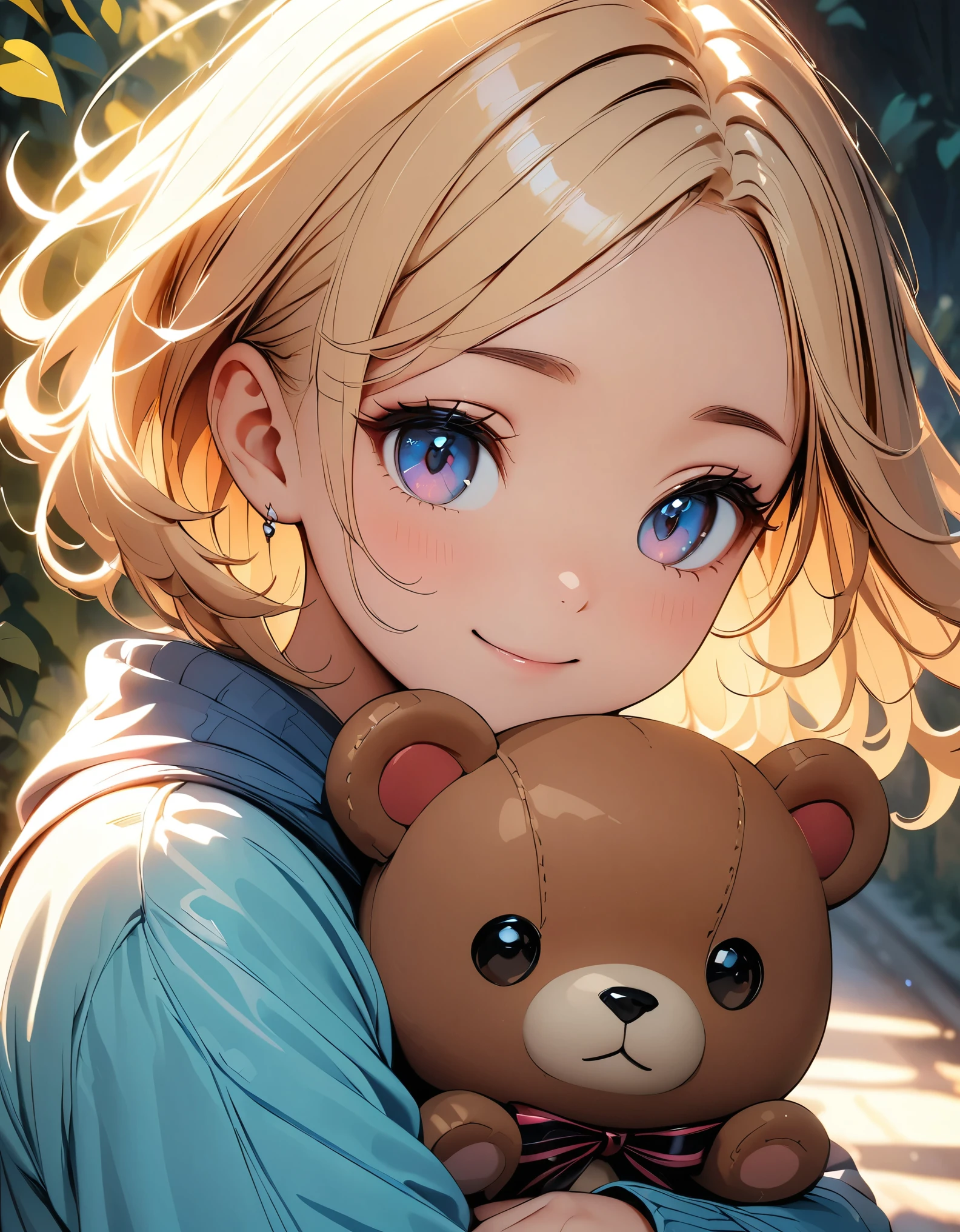 Young girl、Gentle expression、Hug your teddy bear lovingly、Soft pastel colors、Warm lighting、Detailed facial features、Beautiful Eyes、Cute Smile、natural environment、Lush foliage、Peaceful atmosphere、(Highest quality、4K、8k、High resolution、masterpiece:1.2)、Super detailed、(Highly detailed portrait, Cinematic lighting, Dramatic atmosphere, High contrast, Cold colors, Chiaroscuro)、Detailed skin、Detailed clothing folds、Detailed Background、Soft Focus、Cinematic lighting、Bright colors、Intricate details、Whimsical、 Heartwarming digital painting, Kawaii Style:1.2, 