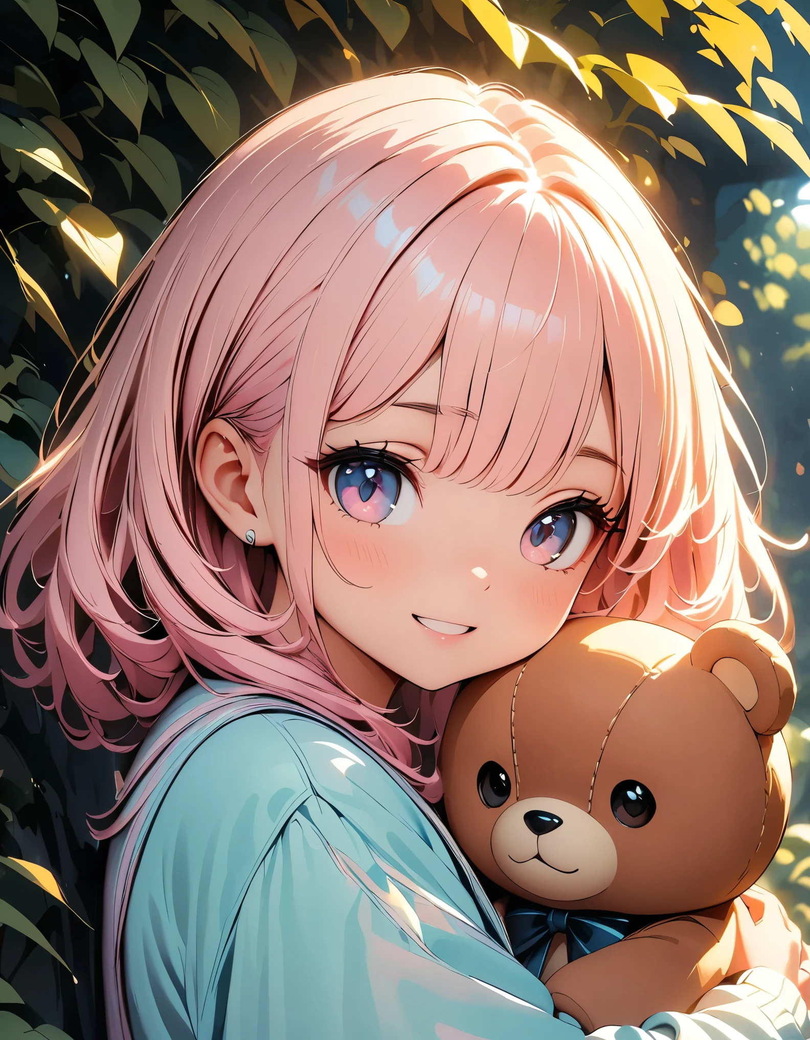 Young girl、Gentle expression、Hug your teddy bear lovingly、Soft pastel colors、Warm lighting、Detailed facial features、Beautiful Eyes、Cute Smile、natural environment、Lush foliage、Peaceful atmosphere、(Highest quality、4K、8k、High resolution、masterpiece:1.2)、Super detailed、(Highly detailed portrait, Cinematic lighting, Dramatic atmosphere, High contrast, Cold colors, Chiaroscuro)、Detailed skin、Detailed clothing folds、Detailed Background、Soft Focus、Cinematic lighting、Bright colors、Intricate details、Whimsical、 Heartwarming digital painting, Kawaii Style:1.2, 