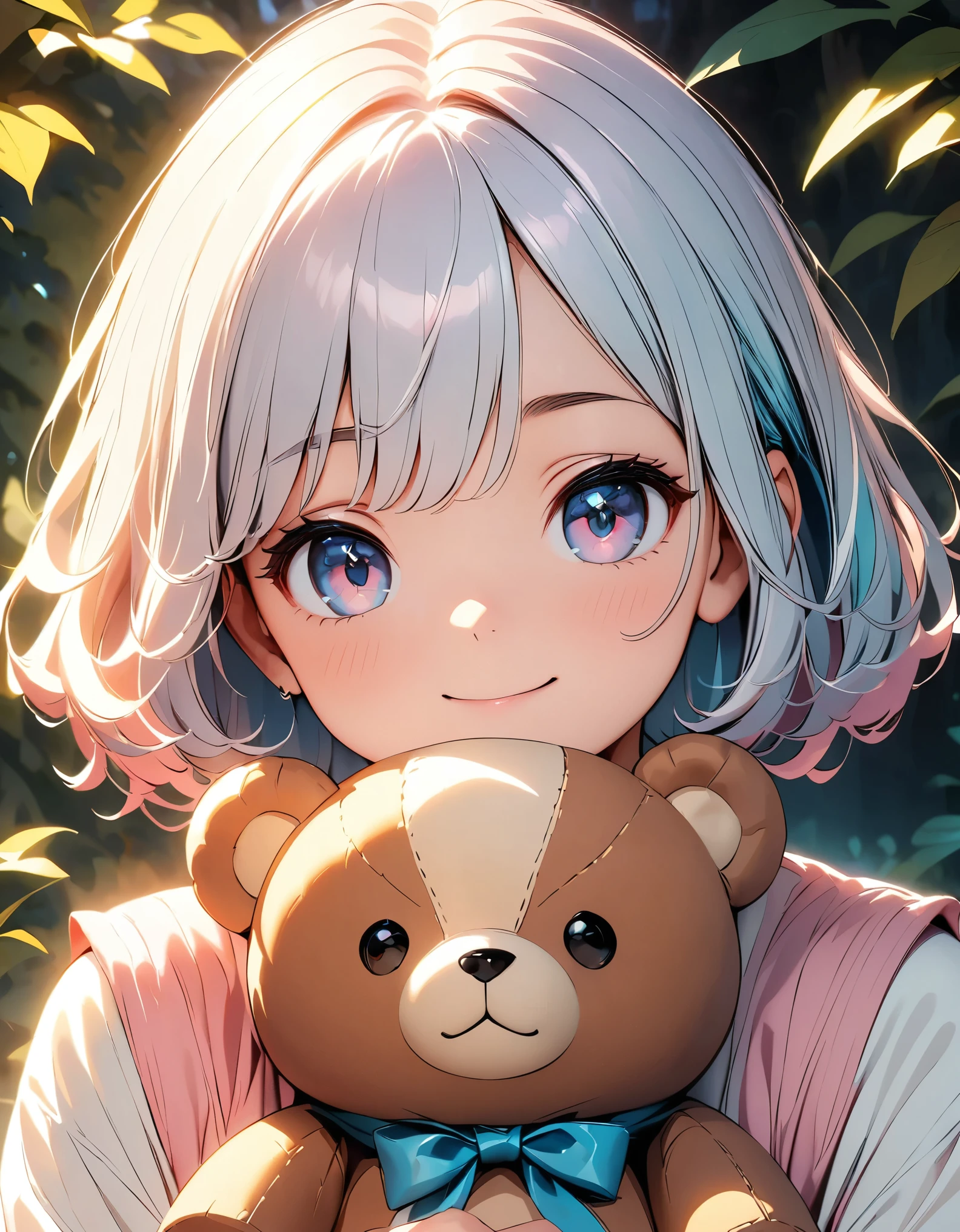 Young girl、Gentle expression、Hug your teddy bear lovingly、Soft pastel colors、Warm lighting、Detailed facial features、Beautiful Eyes、Cute Smile、natural environment、Lush foliage、Peaceful atmosphere、(Highest quality、4K、8k、High resolution、masterpiece:1.2)、Super detailed、(Highly detailed portrait, Cinematic lighting, Dramatic atmosphere, High contrast, Cold colors, Chiaroscuro)、Detailed skin、Detailed clothing folds、Detailed Background、Soft Focus、Cinematic lighting、Bright colors、Intricate details、Whimsical、 Heartwarming digital painting, Kawaii Style:1.2,