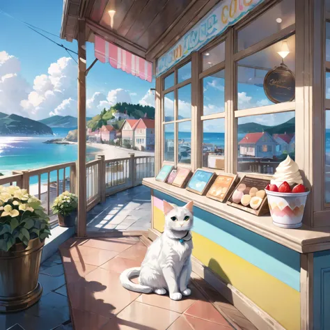 cat,ice cream shop,high resolution,a town with a view of the sea,masterpiece, winner of numerous awards