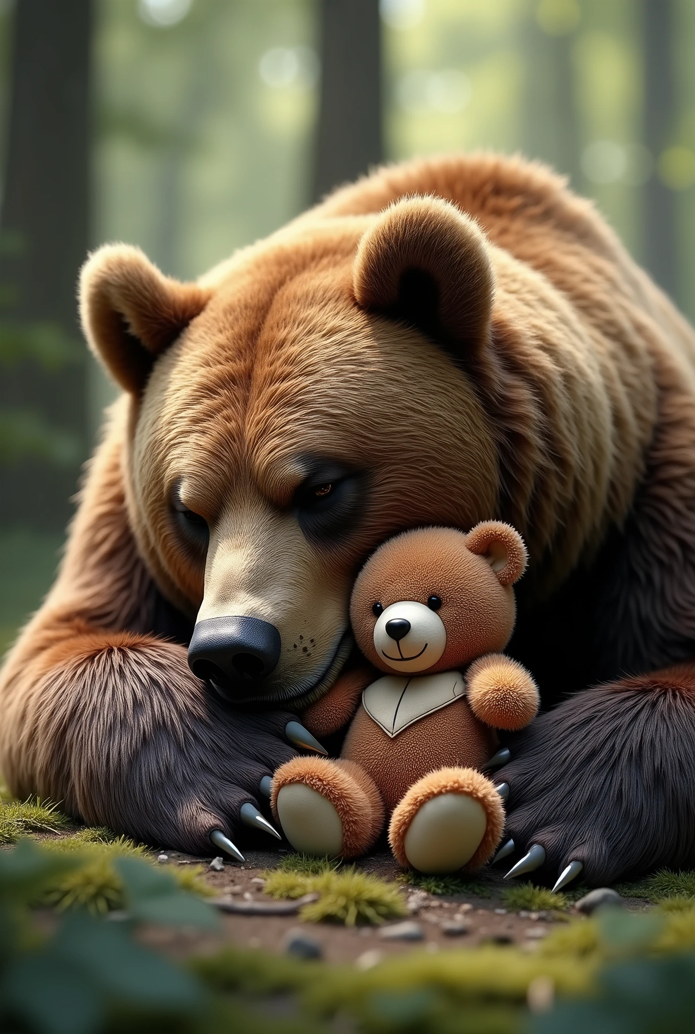 realistic grizzly sleeping with cute teddy bear, realistic, photogenic, photorealism, photographic