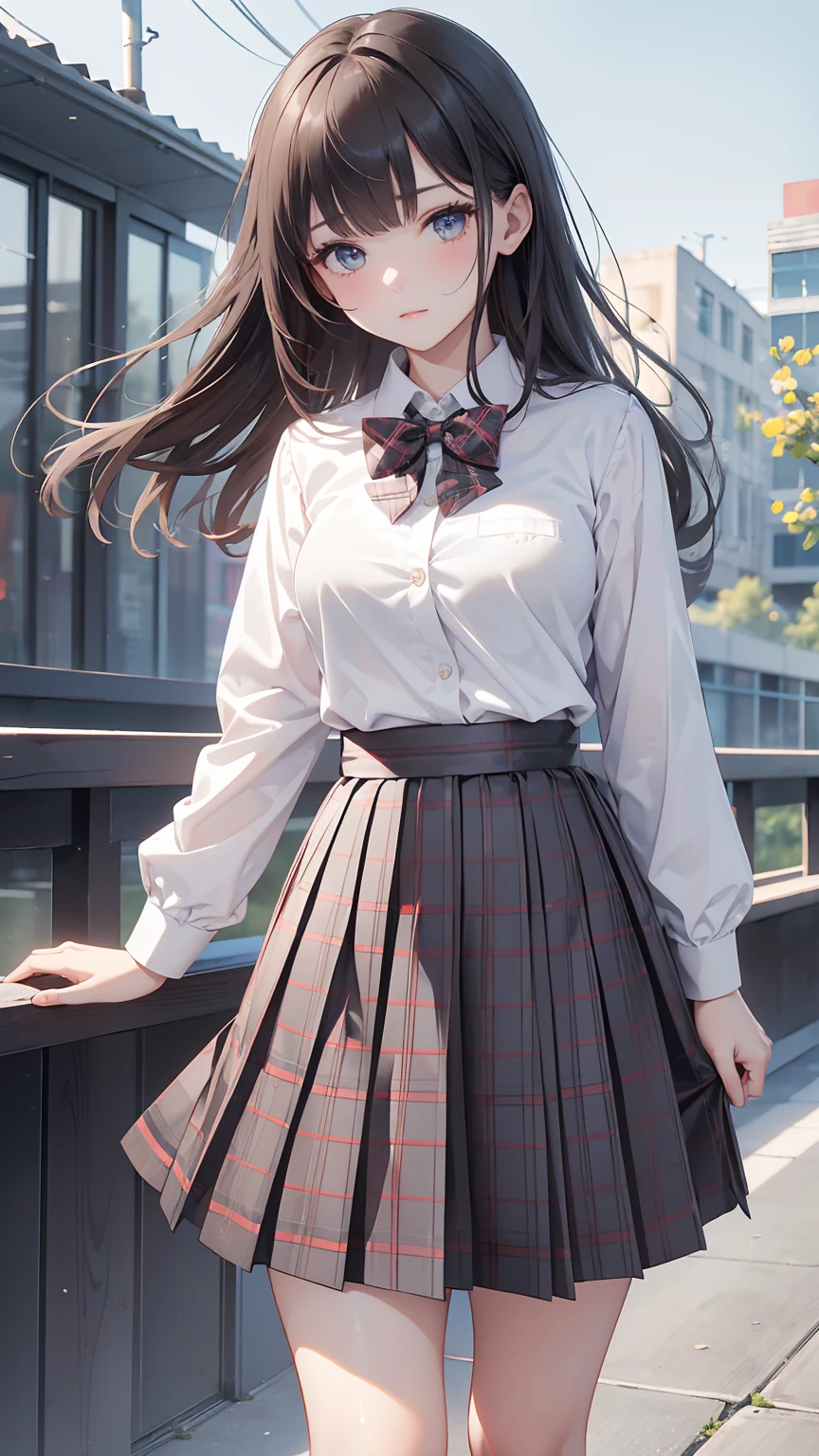 1 girl, Solo, Cute Girl, 140 cm, Best Quality, Ultra-detailed, 8K, High resolution, Detailed face, dark brown hair, bob hair, (((tareme:1.5, downer))), (((school uniform, white collared shirt, bowtie, pleated skirt, gray skirt, plaid skirt, long skirt, white socks))), 60cm length
