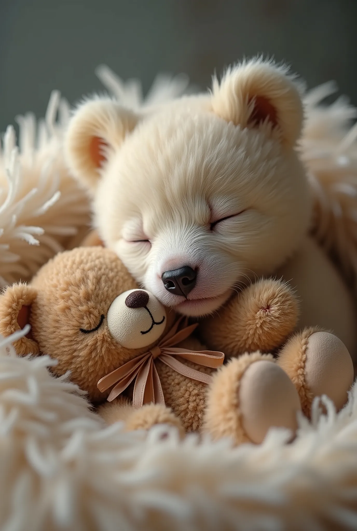  A bear cub, sleeping with a ribbon tied teddy bear, photogenic, peaceful moment.