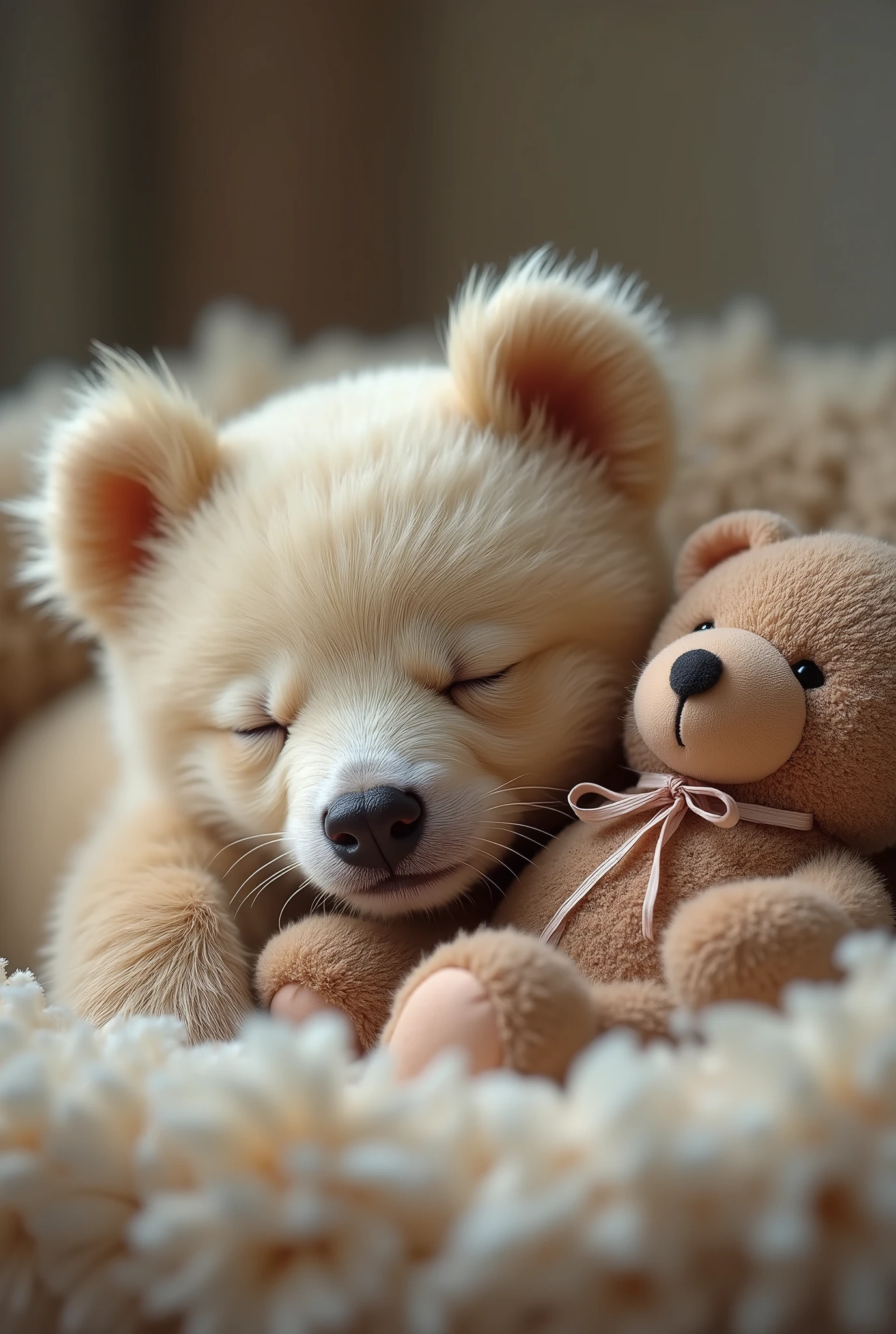  A bear cub, sleeping with a ribbon tied teddy bear, photogenic, peaceful moment.