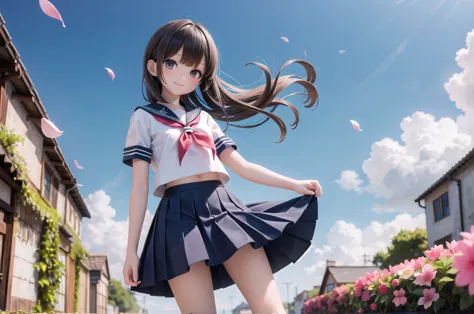 (masterpiece),  town,  blue sky,  one girl,  smile,  alone,  sailor suit、long skirt,  overgrown,  petal,  plant、skirt lining、tra...