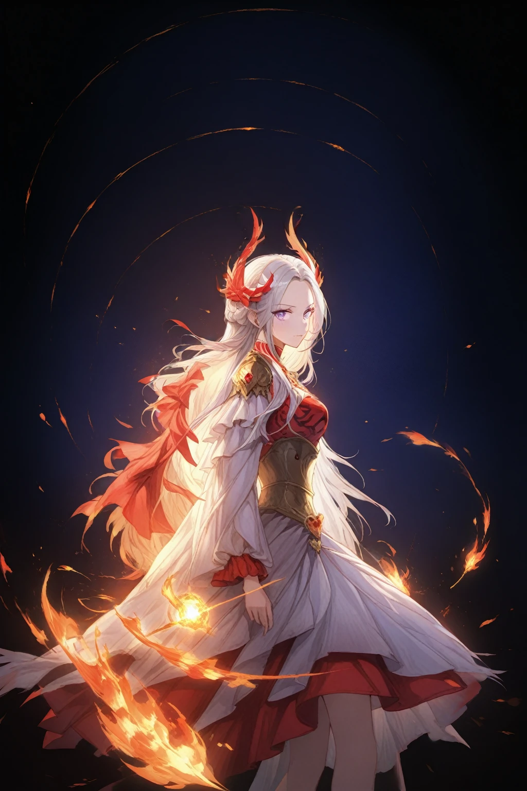 (masterpiece,best quality,absurdres,4k,8k:1.2),1girl,phoenix emperor edelgard_von_hresvelg,Long middle parted white hair,purple eyes,brightly lit fire in the middle of a serene night, fiery sparks rising, a majestic phoenix ((wearing a fiery feathered dress)) emerging from the flames descends, flaming wings with intricate details and vibrant colors, feathers softly glowing with warm hues, eyes glowing with intense light, feathers softly glowing with warm hues, wings spreading wide in mid-flight, radiating fiery energy,((crimson witch of flames costume)), ultra-detailed,transcendent beauty,awe-inspiring artwork,face focus,dsmile:.25,eye focus