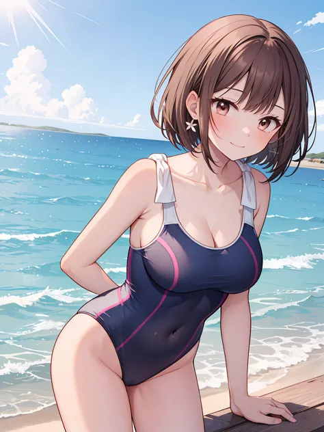 an anime anime cartoon lady in a swimsuit posing near seaside, 1girl, breasts, (((solo))), brown hair, swimsuit, cleavage, smile...