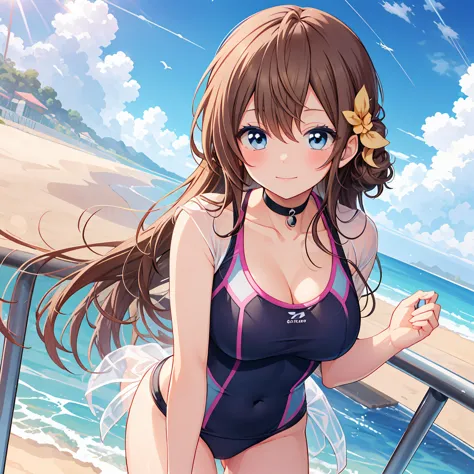 an anime anime cartoon lady in a swimsuit posing near seaside, 1girl, breasts, (((solo))), brown hair, swimsuit, cleavage, smile...