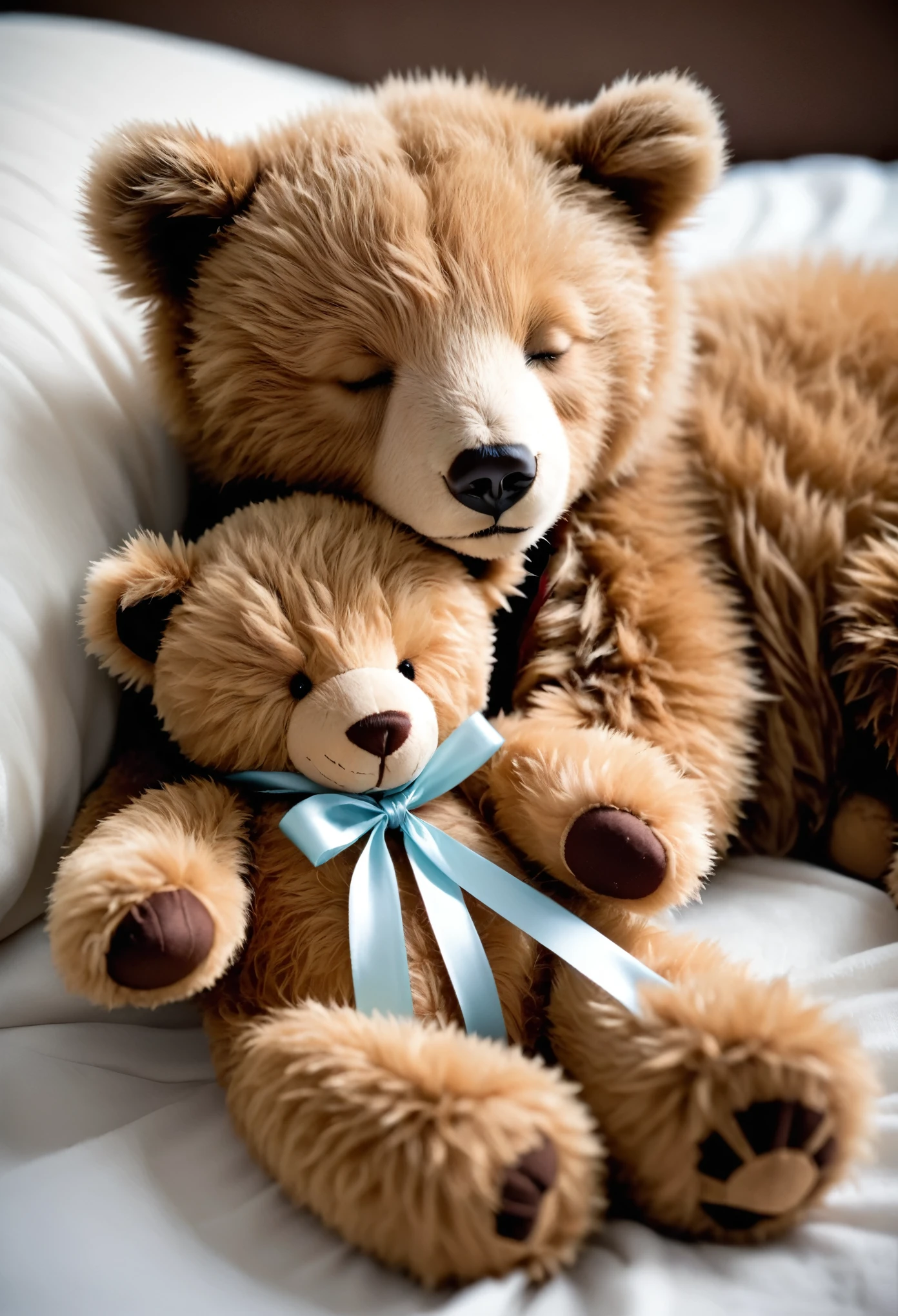 realistic grizzly sleeping with cute teddy bear, realistic, photogenic, photorealism, photographic