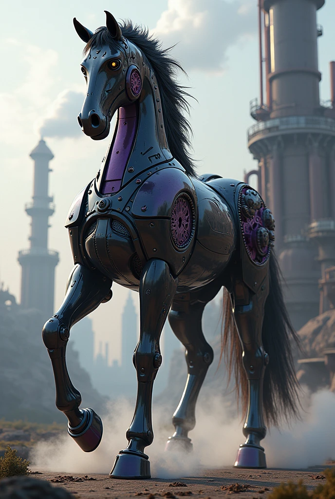 A giant mechanical steampunk mare with gears come out from body, Lifelike anatomy, 4 legs, black and purple colors, A steampunk environment in the background, 