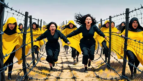 a group of women wearing dark clothing struggle through barbed wire. the scene shows them transitioning from standing behind the...