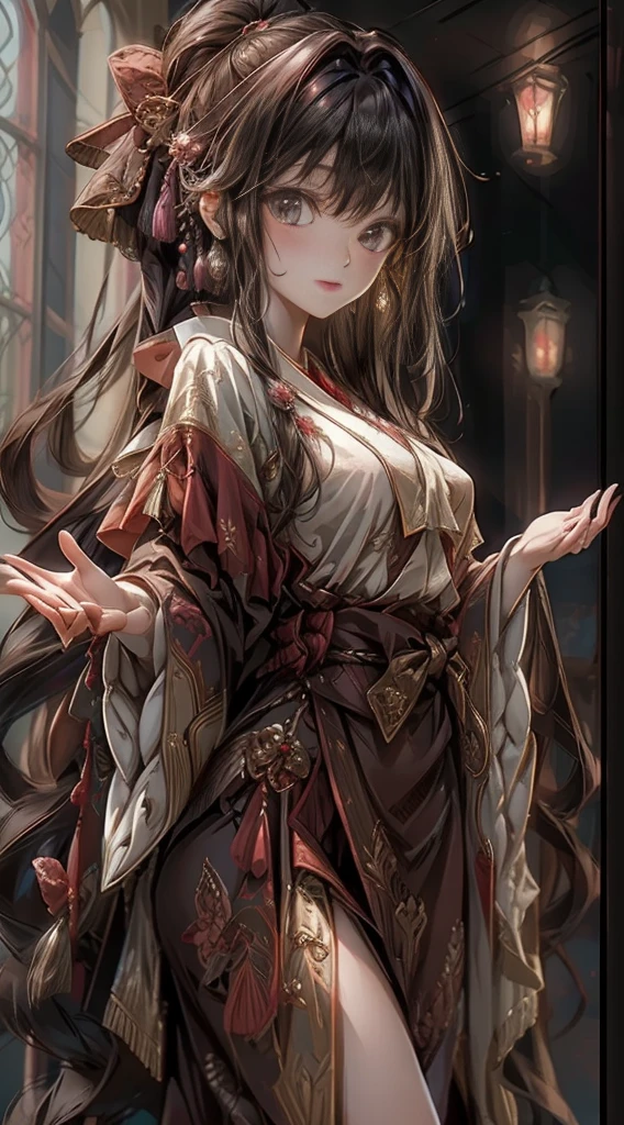 (highest quality, masterpiece, Super detailed, very detailed, High resolution), (1 girl, single, alone),  anime girl, brown hair, long raven hair, Slightly wavy hair, parted bangs, magician, brown eyes, diamond earrings, black long coat, tie, white shirt, black skirt, noble, noble clothes, beautiful, ethereal, elegant, Prestigious, classic, royal building, natural lip, magic school,(((face with intricate details)))