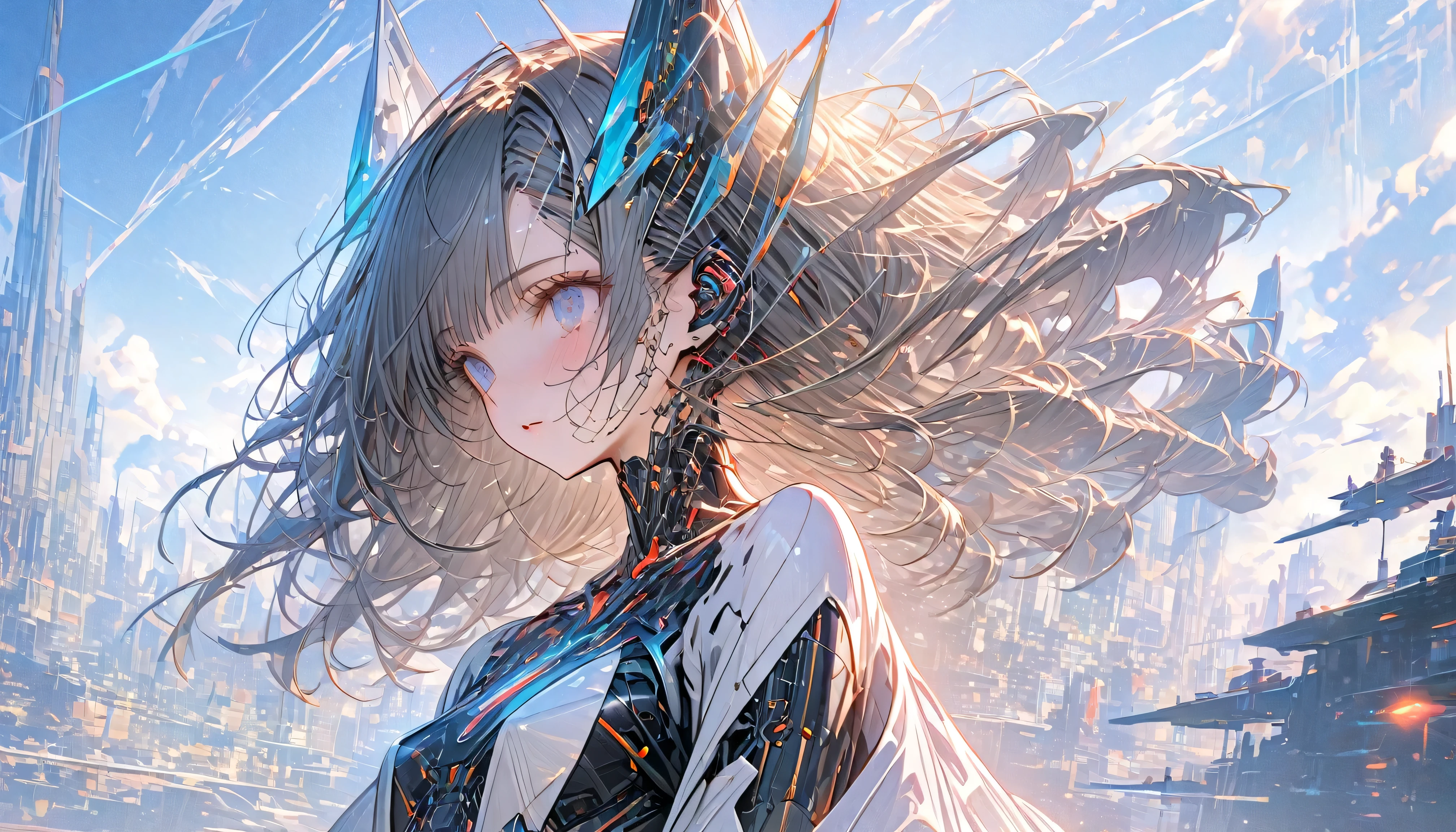 A beautiful futuristic cyborg girl with neural network hair, parted lips, Futurism, Ultra-high resolution, Super Detail, Highest quality, 8k , ,Dynamic Angle, Morning sunshine