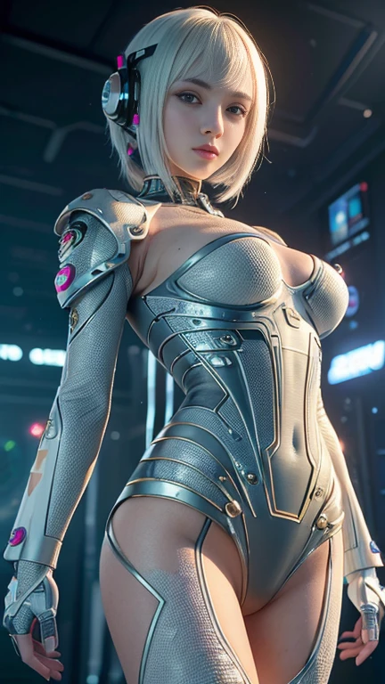 ((highest quality)), (work of art)), (detailded: 1.4), sultry posing, 3d, beautiful image of cyberpunk woman、(europeu: 2)、(Skin Exposed: 1.3)、Battle Jacket、fluffly、(detailded: 1.5)、silver hair、HDR, Ray tracing, nvidia RTX, super resolution, Irreal 5, spread below the surface, PBR texturing, Post-processing, Anisotropic filtering, Depth of written limits, Maximum clarity and sharpness, multi-layered texture, Albedo and Specular maps, Surface shading, Accurate simulation of light-matter interactions, perfect proportions, octane rendering, Two-tone lighting, athletic body, sexly, big boobies, large aperture, Low ISO, White balance, rule of thirds, 8K Students, (Circuit Board AI: 1.2)、(naked pernas)、all white,8k,ultra-realistic,