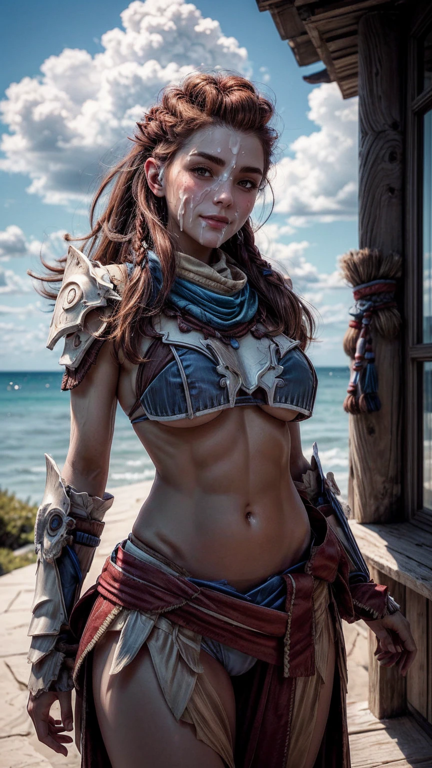 AloyHorizon, solo, long hair, smile, brown hair, hair ornament, navel, female pole vaulter physique, brown eyes, braid, outdoors, parted lips, sky, day, midriff, red hair, hands behind head, bikini armor, armor blue sky, lips, thick eyebrows, shoulder armor, freckles, looking into camera, cumfacial55, cum on face, cumshot, cum
cumfacial
facial 