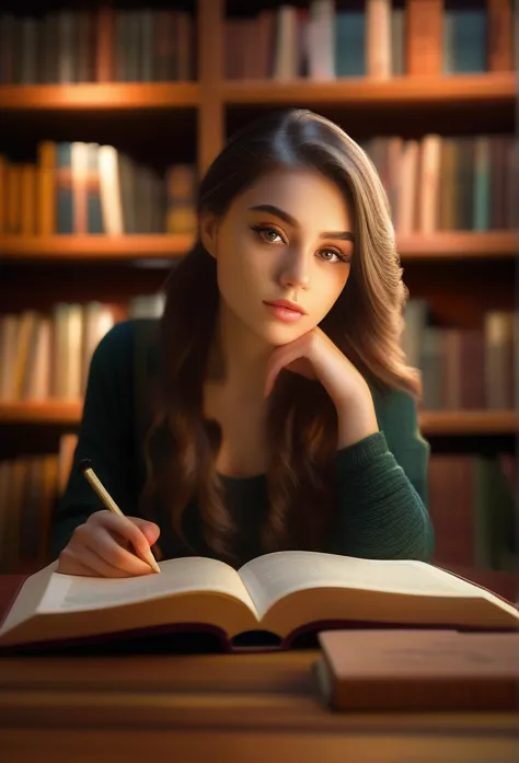 a young woman studying diligently in a library, beautiful detailed eyes, beautiful detailed lips, extremely detailed eyes and fa...