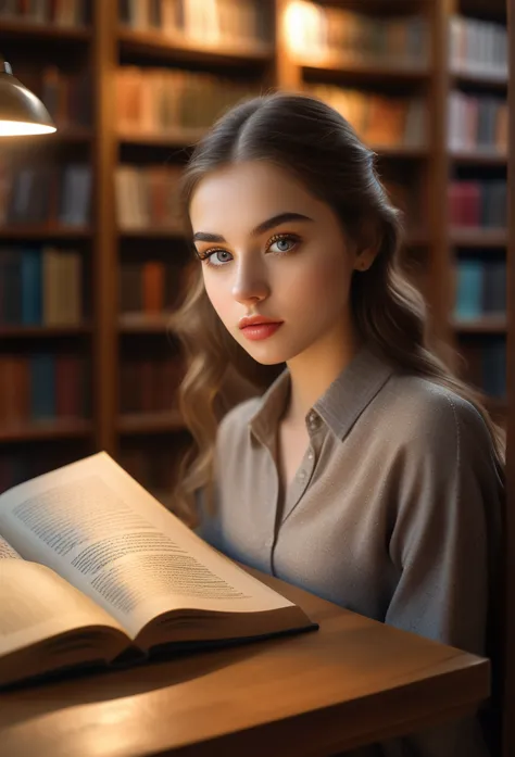 a young woman studying diligently in a library, beautiful detailed eyes, beautiful detailed lips, extremely detailed eyes and fa...