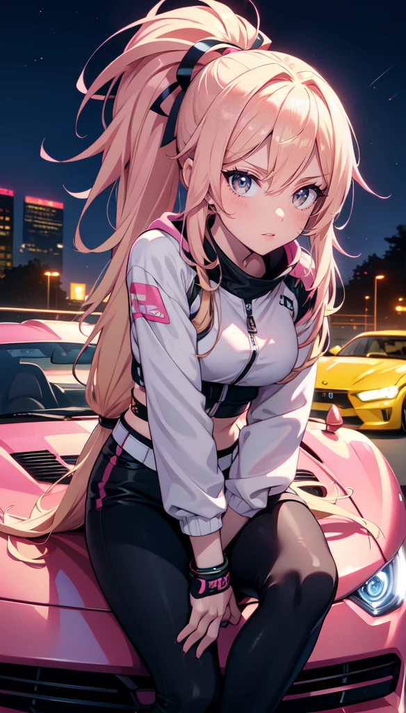 anime girl, long blonde hair with pink streaks, ponytail, pink eyes, sitting on the hood of a tuned sports car, car with anime graphics, posing, looking at viewer, street racing style, Tokyo Drift setting, night, neon lights, ultra 8k, high detail, anime art
)


