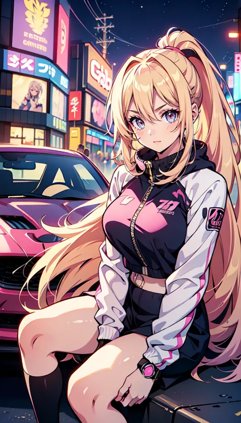 anime girl, long blonde hair with pink streaks, ponytail, pink eyes, sitting on the hood of a tuned sports car, car with anime g...