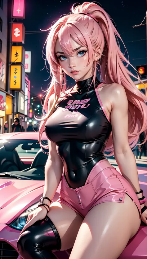 anime girl, long blonde hair with pink streaks, ponytail, pink eyes, sitting on the hood of a tuned sports car, car with anime g...