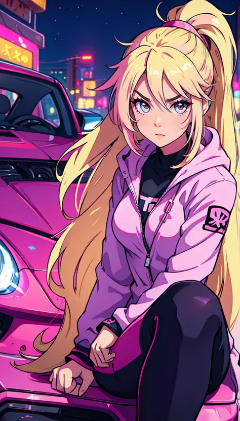 anime girl, long blonde hair with pink streaks, ponytail, pink eyes, sitting on the hood of a tuned sports car, car with anime g...