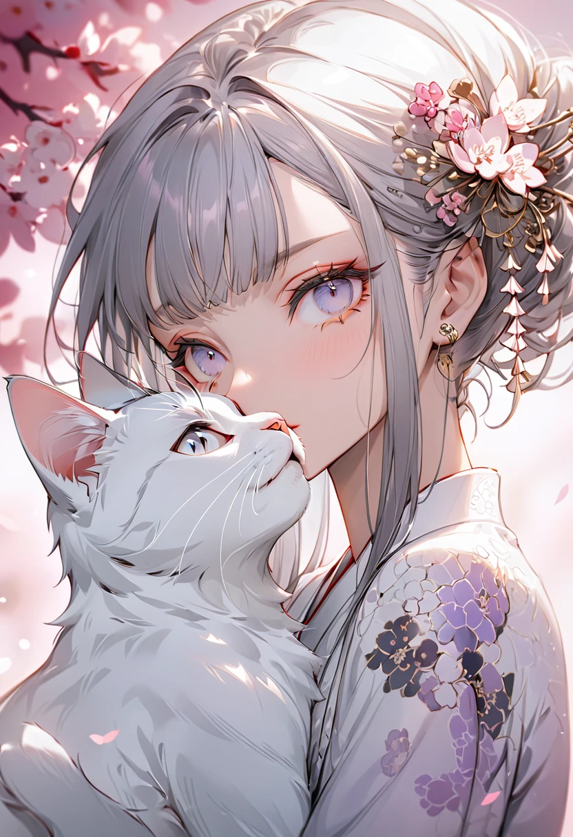 background is kyoto(Highest quality,Very detailed,High resolution:1.2),Slim beautiful girl，very_Long eyelashes, Cool look, Soft Skin, Touching noses with a cat