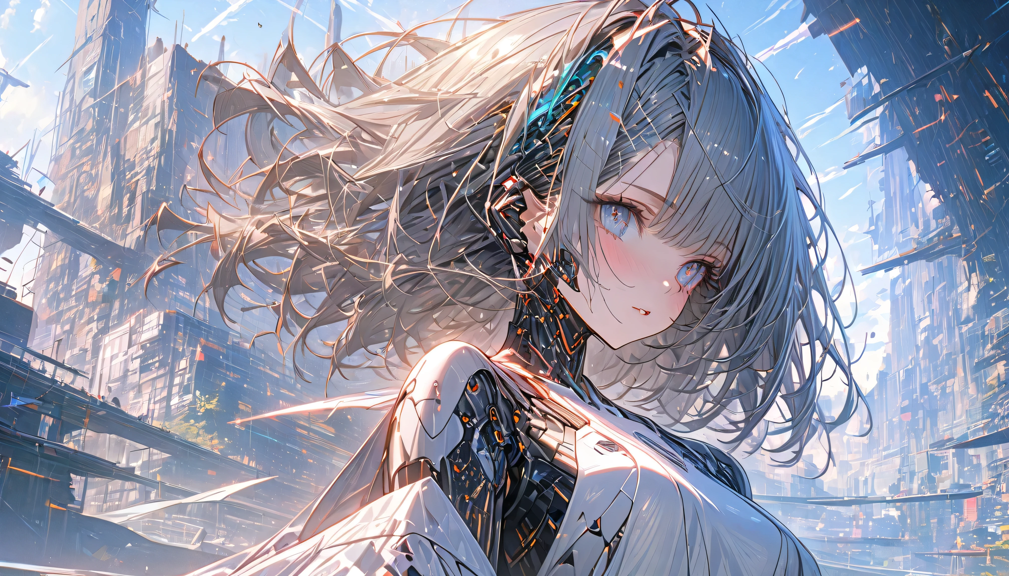 A beautiful futuristic cyborg girl with neural network hair, parted lips, Futurism, Ultra-high resolution, Super Detail, Highest quality, 8k , ,Dynamic Angle, Morning sunshine