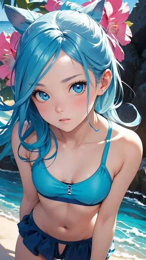 realistic、1girl、blue hair、blue eyes、gradient eyes,(blue enamel bikini)、cute face,face focus,upper body:1.5,beach、wallpaper