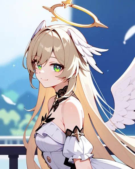 masterpiece,best quality,robin_(honkai:_star_rail), head_wings, angel, virtual_youtuber, 1girl, white_wings, looking_at_viewer, ...