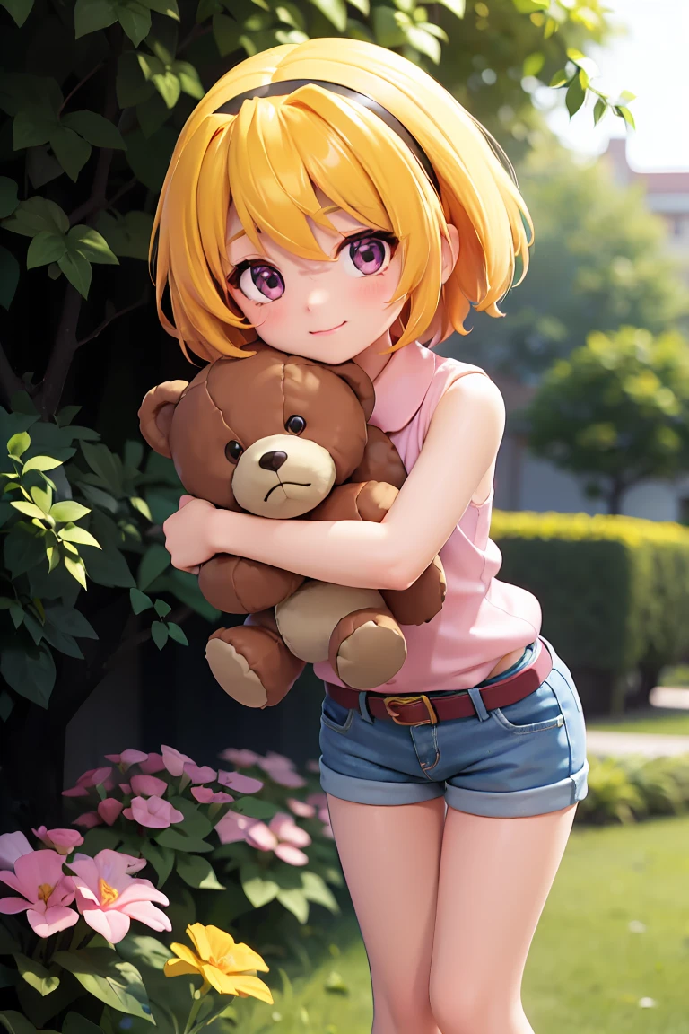 (hugging a teddy bear ), (Satoko Hojo), woman, alone, Yellow Hair, blonde, Purple eyes, short hair, hair band, Flat Chest, １１Year, Collared shirt,Sleeveless shirt,(Pink Shirt), White Belt, Denim shorts, Chibi Figures, garden