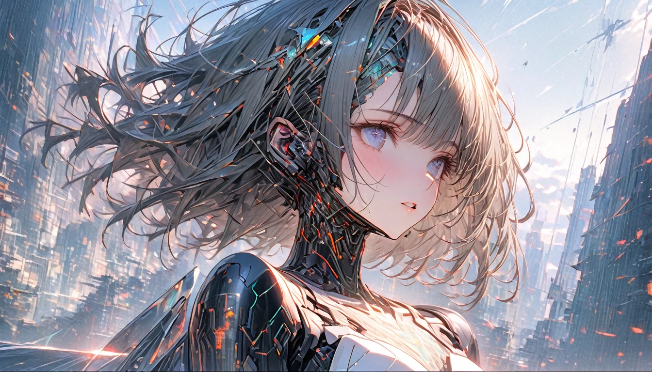 A beautiful futuristic cyborg girl with neural network hair, parted lips, Futurism, Ultra-high resolution, Super Detail, Highest quality, 8k , ,Dynamic Angle, Morning sunshine