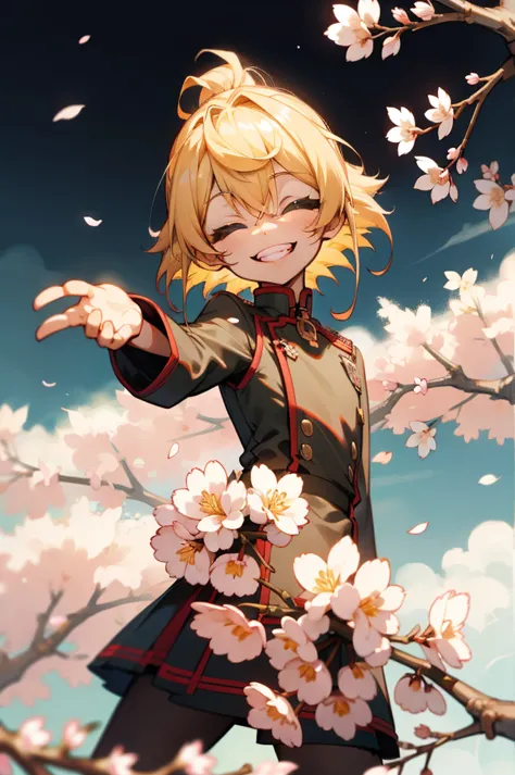 uniform、blonde hair、toothy smile、reach out your hand、outside、cherry blossom trees