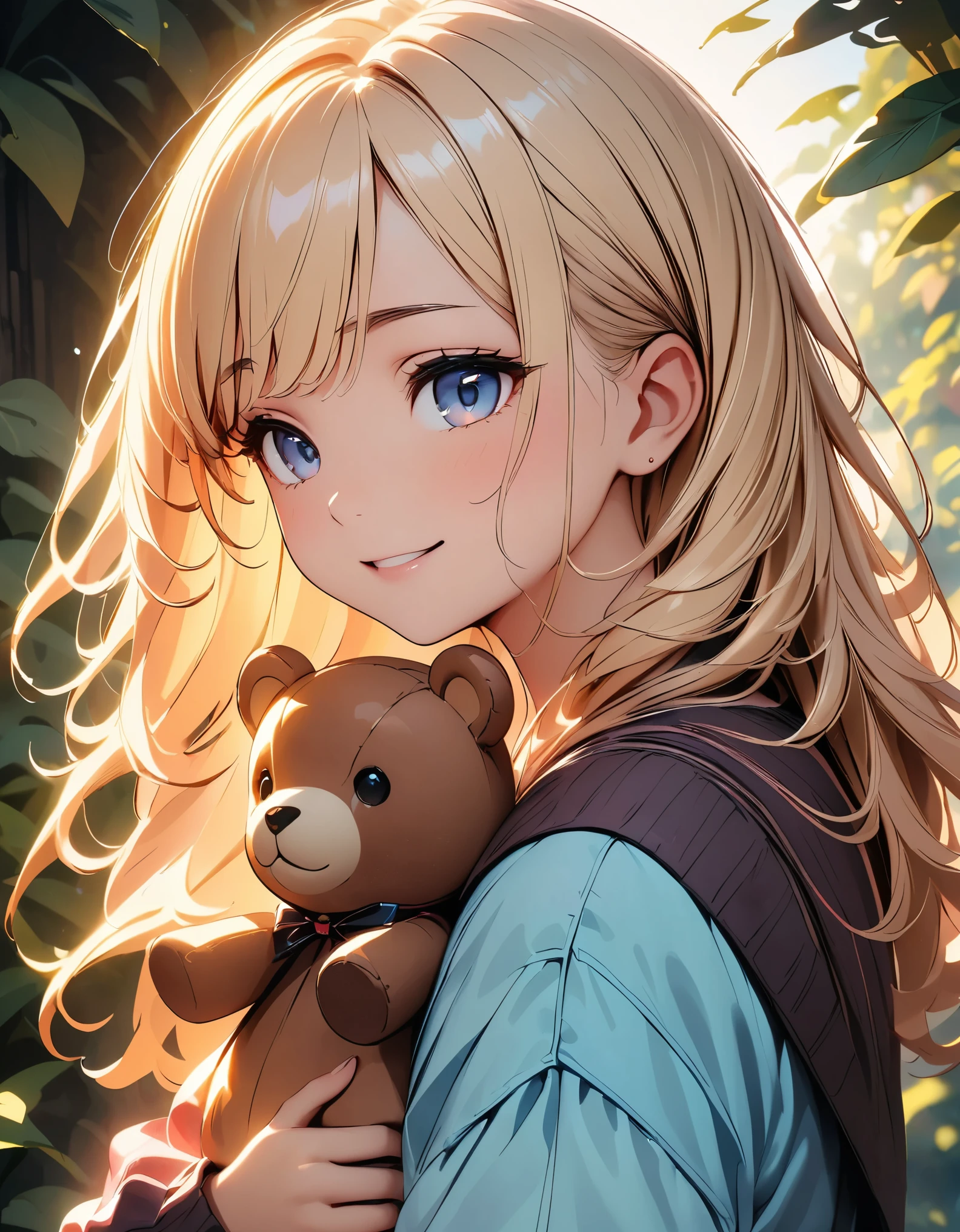 Young girl、Gentle expression、Hug your teddy bear lovingly、Soft pastel colors、Warm lighting、Detailed facial features、Beautiful Eyes、Cute Smile、natural environment、Lush foliage、Peaceful atmosphere、(Highest quality、4K、8k、High resolution、masterpiece:1.2)、Super detailed、(Highly detailed portrait, Cinematic lighting, Dramatic atmosphere, High contrast, Cold colors, Chiaroscuro)、Detailed skin、Detailed clothing folds、Detailed Background、Soft Focus、Cinematic lighting、Bright colors、Intricate details、Whimsical、 Heartwarming digital painting, Kawaii Style:1.2,