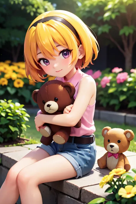 (hugging a teddy bear ), (satoko hojo), woman, alone, yellow hair, blonde, purple eyes, short hair, hair band, flat chest, １１yea...