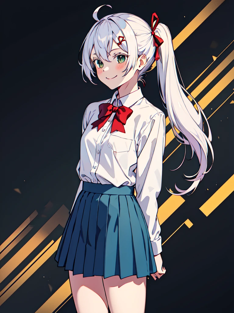 masterpiece, vibrant colours, best quality, detailed, highres, absurdres, score_9, score_8_up, score_7_up, in1, side ponytail, long hair, ahoge, white shirt, school uniform, blue skirt, long sleeves, red bow, white socks, green jacket, cowboy shot, standing, smile, arms behind back