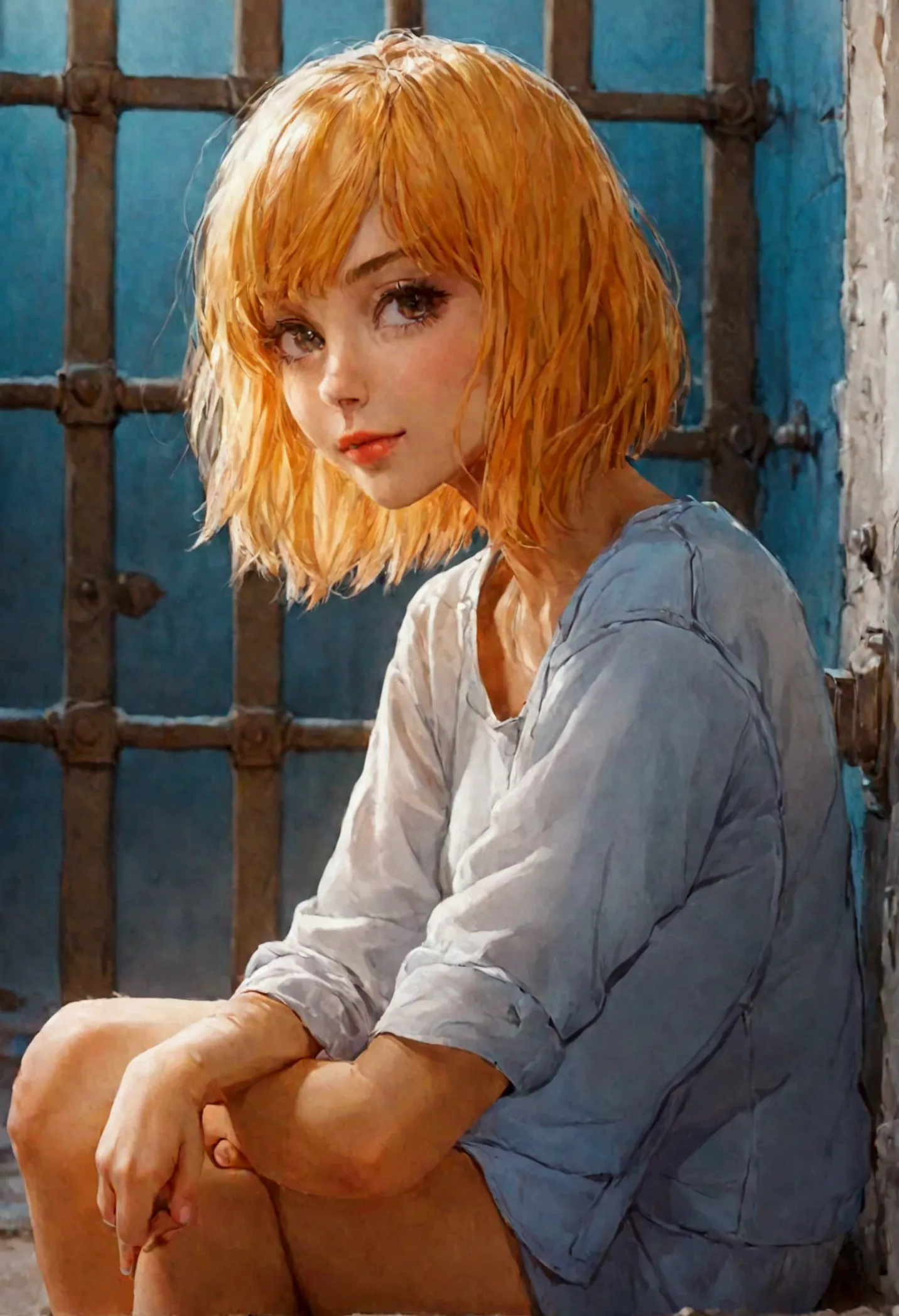 a blonde woman, bob hair cut, sitting down on concrete slab, prison cell backdrop