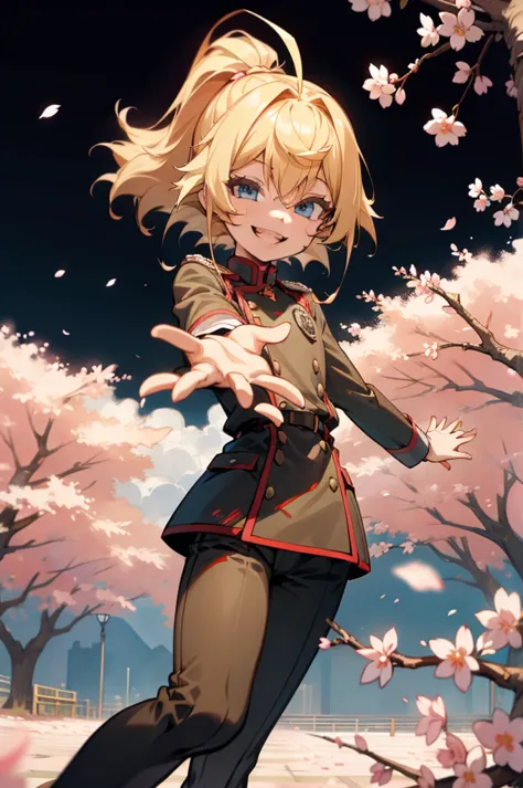 uniform、blonde hair、toothy smile、reach out your hand、outside、cherry blossom trees