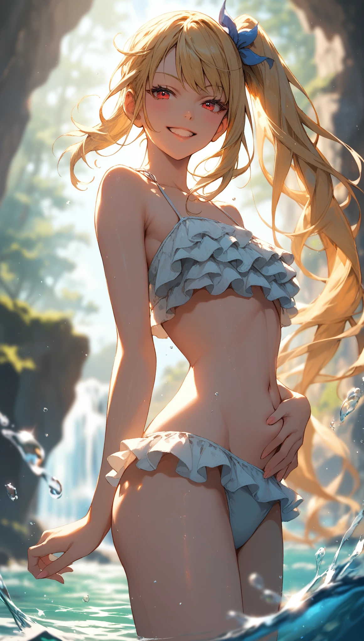 score_9, score_8_up, score_7_up, score_6_up, dark theme，sinozick style，
ijichi nijika,1girl,solo,very long hair,long hair,blonde hair,frills,frilled bikini,white bikini,red eyes,smile,side ponytail,hand on own stomach,smug,swept bangs,collarbone,bare shoulders,stomach,arm at side,water,cowboy shot,bodybuilding elegant body curve,(bending arm:1.5)
day,standing,rock,navel,sidelocks,teeth,outdoors,looking at viewer,(glittering skin,floating splashes of water,bright sunlight:1.5),(blurry,blurry_foreground,blurry background,depth of field:1.8),(from side,from below:1.1),