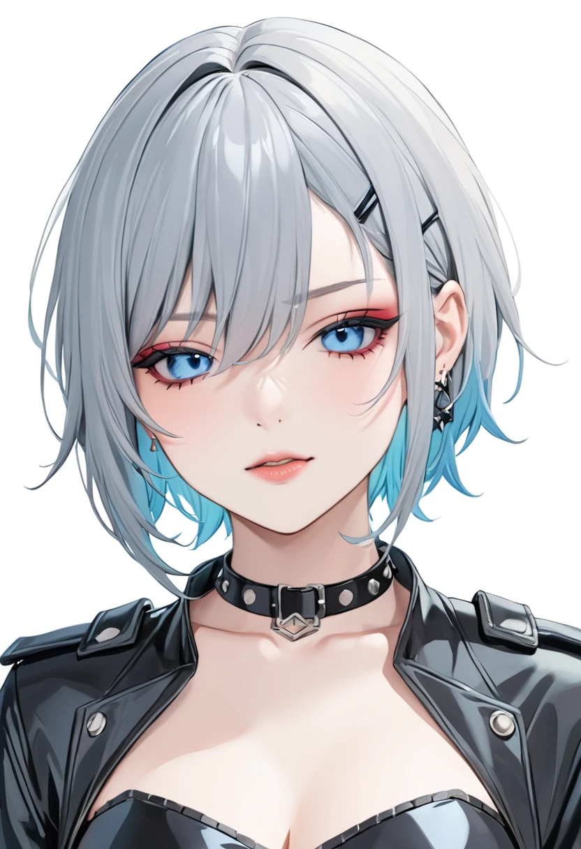 Redrawn armor to hide exposed skin、1girl, grey hair, blue eyes, short haircut, punk rock girl, red_eyeshadows